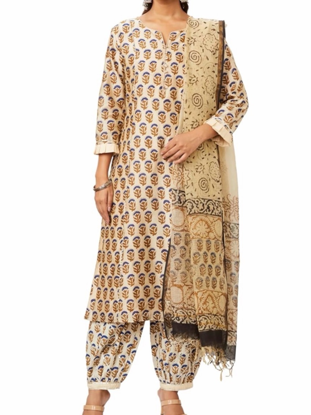 Women's Beige Printed Kurta Set with Dupatta - Neutral Floral Motif size small
